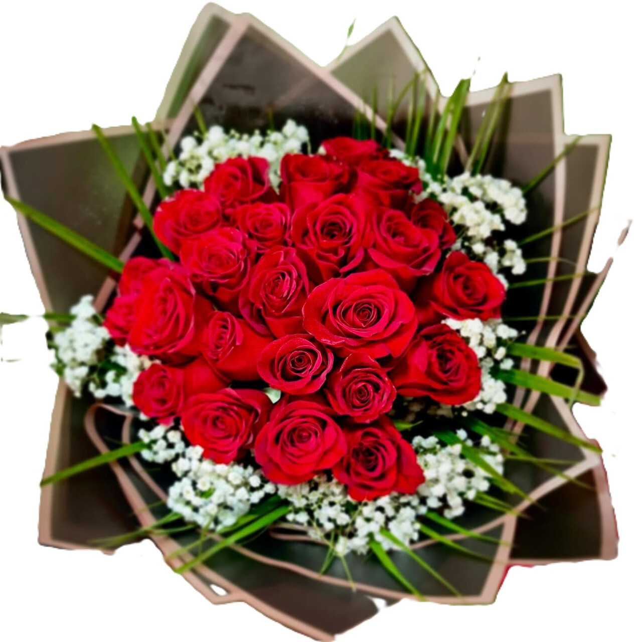 Romantic red rose arrangement with delicate white flowers and greenery, perfect for special occasions.