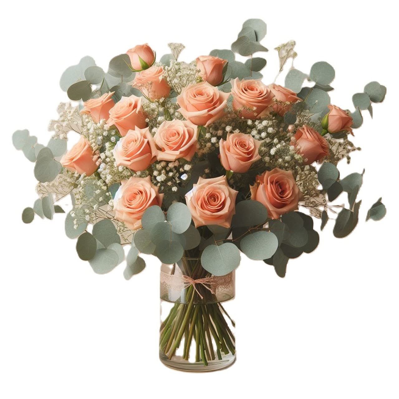 Soft peach roses with delicate baby’s breath and eucalyptus accents arranged in a clear vase with visible stems.