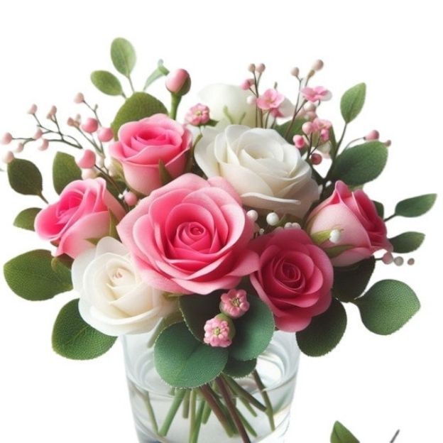Elegant bouquet of pink and white faux roses with greenery and tiny pink flowers in a clear glass vase.