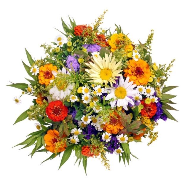 Colorful bouquet of daisies, marigolds, asters, and greenery arranged in a round, vibrant floral display.