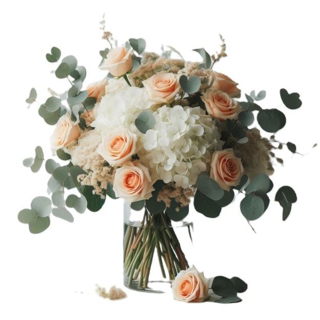 Elegant bouquet of peach roses, white hydrangea, and soft astilbe with round eucalyptus leaves in a cylinder vase.